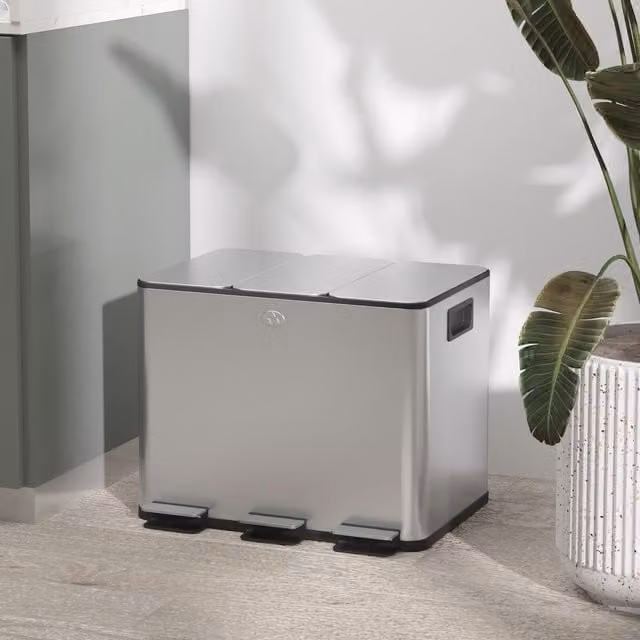 HOMCOM 15L Triple Kitchen Pedal Bin with Removable Inner Buckets and Soft-Close Lid in Silver Stainless Steel