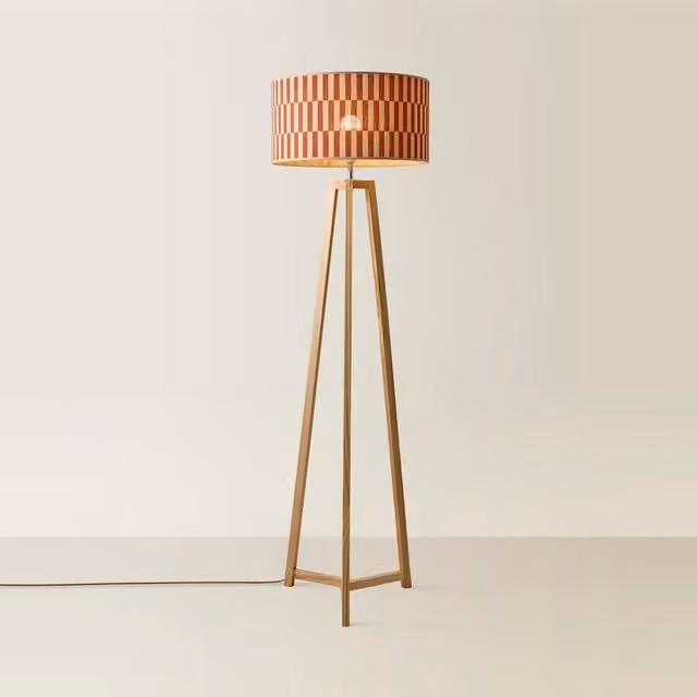 ValueLights Lottie Tripod Floor Lamp with Multicolour Orange and Red Checkerboard Bamboo Shade
