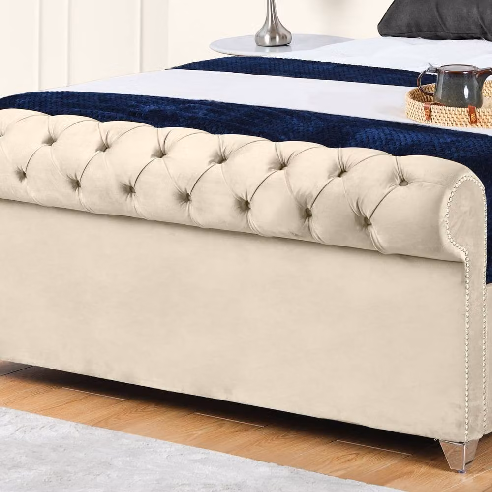 UK Bed Furniture Chesterfield Sleigh Ottoman Bed with Gas Lift Upholstered Headboard in Beige, Size: Double (140 x 200 cm) – 3