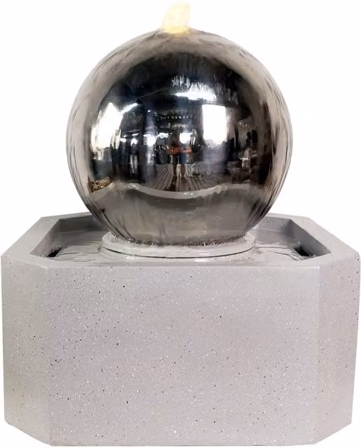Tranquility Sphere Square Modern Metal Water Feature with Resin Base in Grey and Silver