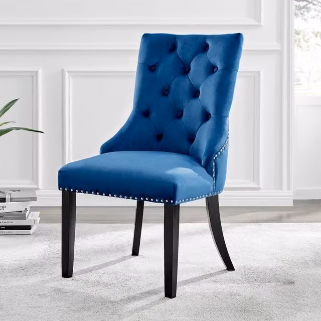 FurnitureboxUK Belgravia Blue Velvet Knockerback Dining Chairs with Black Legs, Set of 2