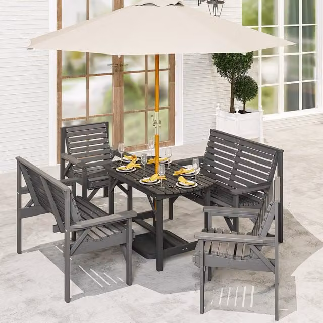Outsunny 5 Piece Modern Grey Lacquered Treated Hardwood Garden Dining Set