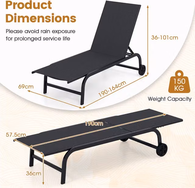 COSTWAY Set of 2 Black Outdoor Chaise Lounge Chairs with Adjustable Headrests and Castors