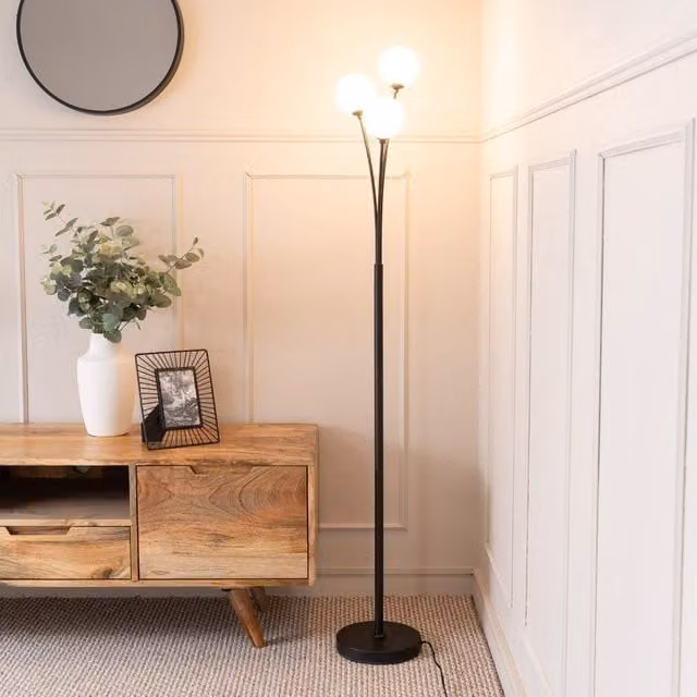 ValueLights Black 3 Arm Mid-Century Floor Lamp with White Frosted Glass Globe Shades and LED Bulbs Included