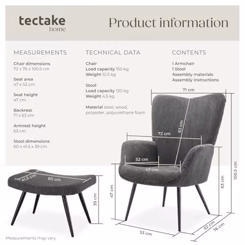 tectake Scandinavian Style Armchair with Footstool in Anthracite and Black Corduroy Fabric, W/D/H: 76.0 x 72.0 x 100.5 cm – 3