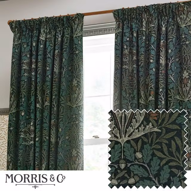 Morris & Co Acorn Multi Floral Jacquard Room Darkening Pencil Pleat Curtains in Green, Width: 117 cm, Drop: 137 cm