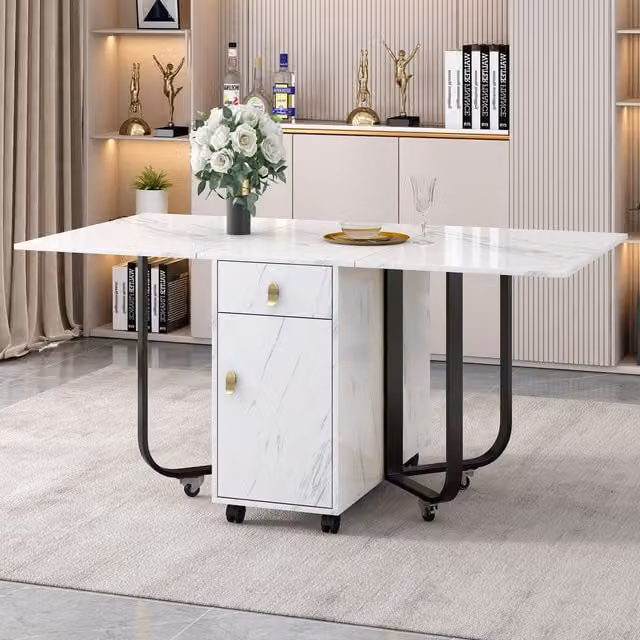 Matteo Modern Glossy White and Gold Space-Saving Folding Dining Table with Cupboard and 2 Drawers – 1