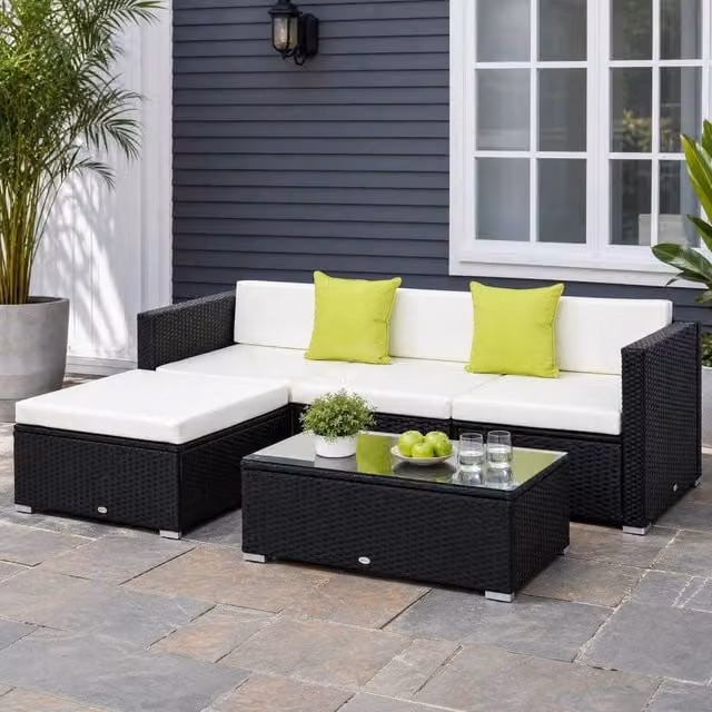 STILVORA Modern 4-Seater Modular Rattan and Metal Sofa in Black
