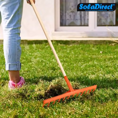 SolaDirect Heavy-Duty Garden Rake with 12 Tines, 50 cm Wide Plastic Head and Wooden Handle in Orange – 6