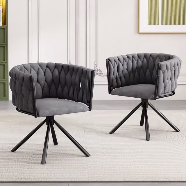 Home Touch Interior Set of 2 Grey Velvet Swivel Dining Chairs with Metal Legs