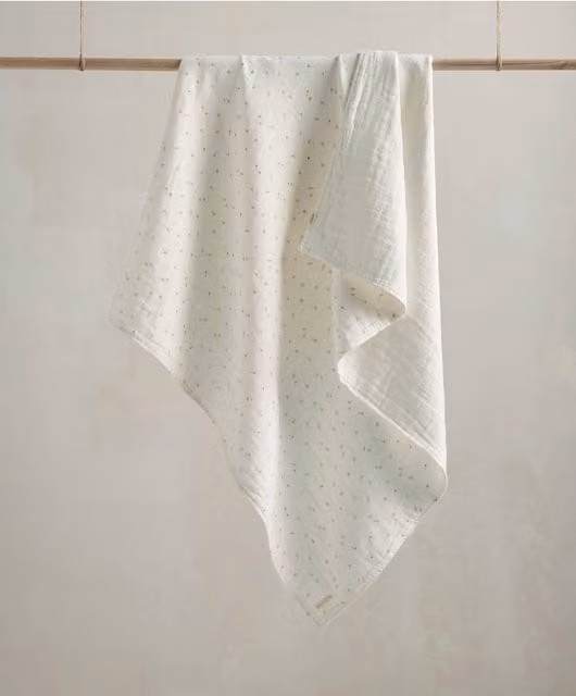Mamas & Papas Organic Cotton Muslin Blanket in White, Brown and Beige with Floral Seedling Design