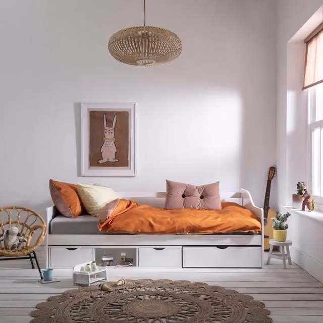Noa and Nani White Upholstered Scandinavian Day Bed with Pull Out Storage Drawers
