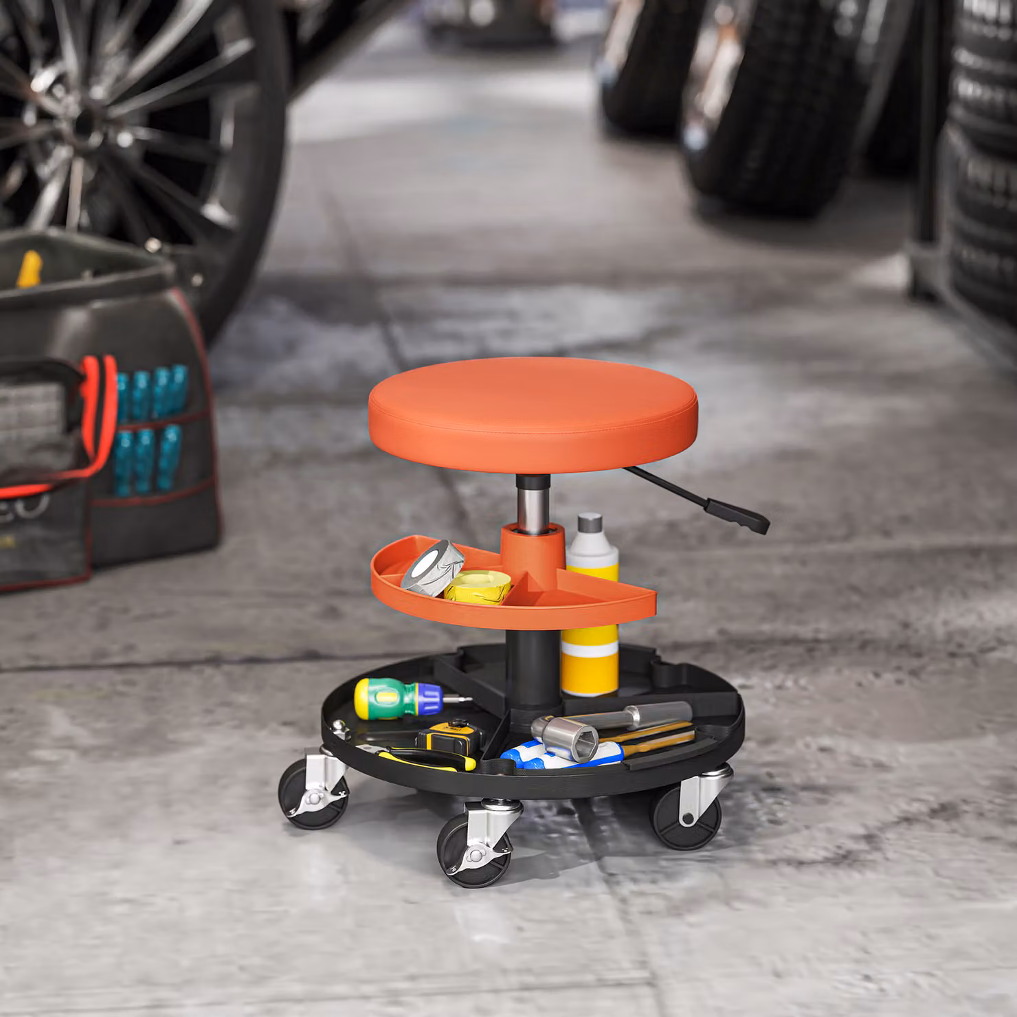 HOMCOM Rolling Mechanic Stool in Yellow with 360 Degree Swivel, Castors and Tool Tray Storage – 2