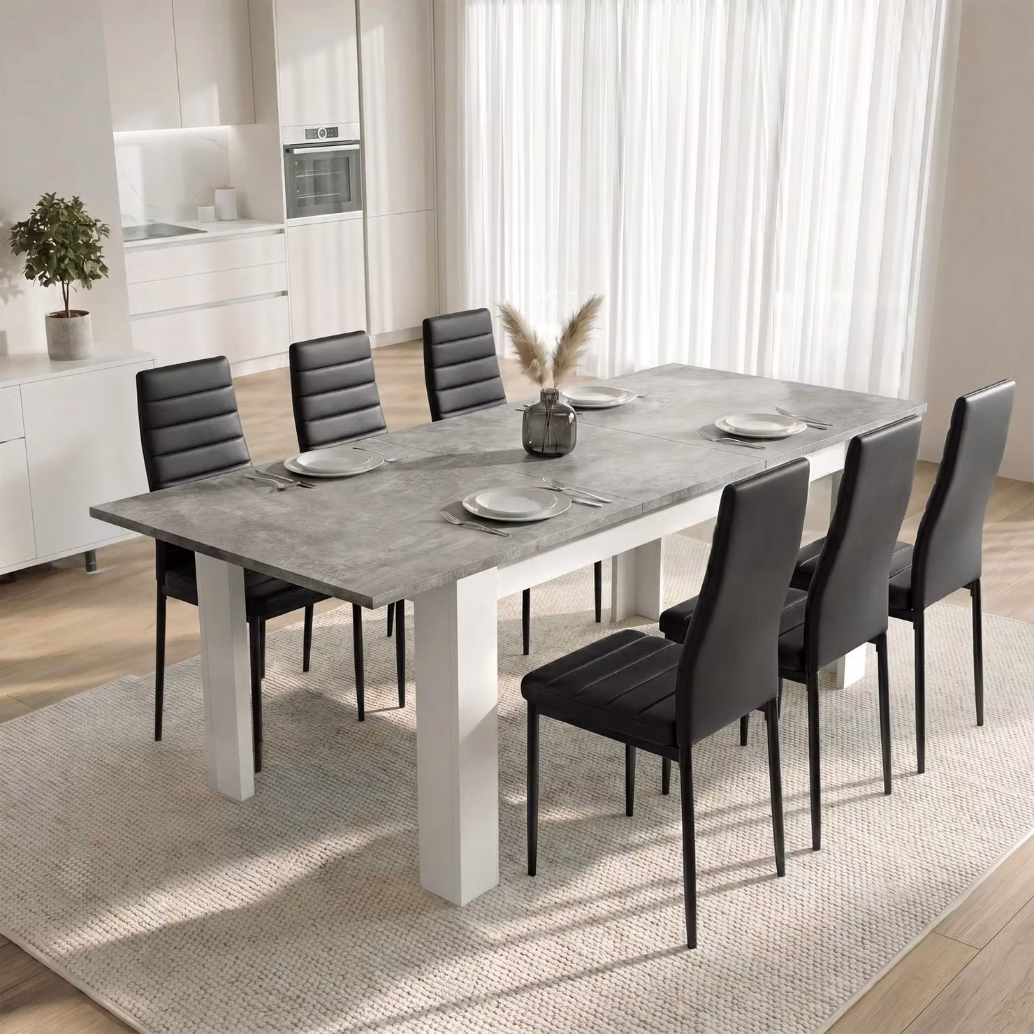 DHS Milo Extendable Dining Table Set with 6 Chairs in Black Concrete Effect