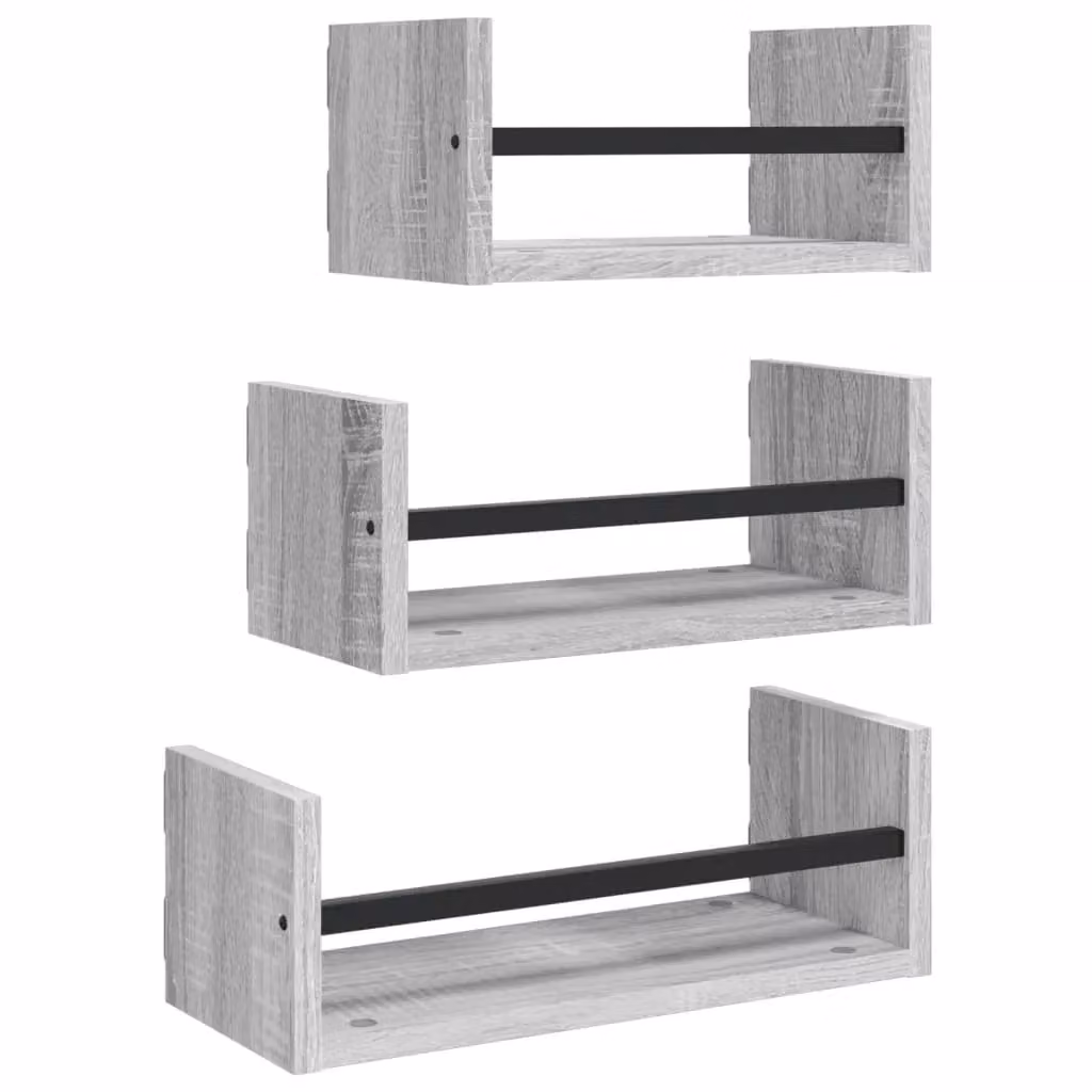 Berkfield Home 3 Piece Grey Sonoma Wall Shelf Set with Metal Bars – 2