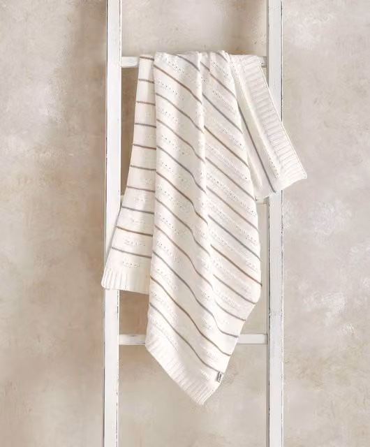 Mamas & Papas Knitted Cotton Baby Blanket in White and Beige Stripes