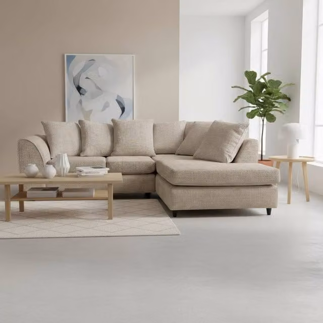 Abakus Direct Jumbo Chenille L-Shaped Corner Sofa with Chaise Extension in Taupe, Right Hand Facing