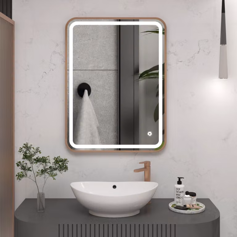 Royal Bathrooms Luna Rectangular Frontlit LED Illuminated Framed Mirror in Brushed Bronze, W: 50 cm, H: 70 cm, with Demister Pad and Touch Sensor