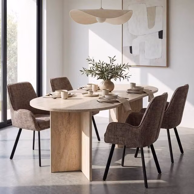 FWStyle 5 Piece Modern Dining Set with Rectangular Travertine Table and 4 Brown and Beige Chairs
