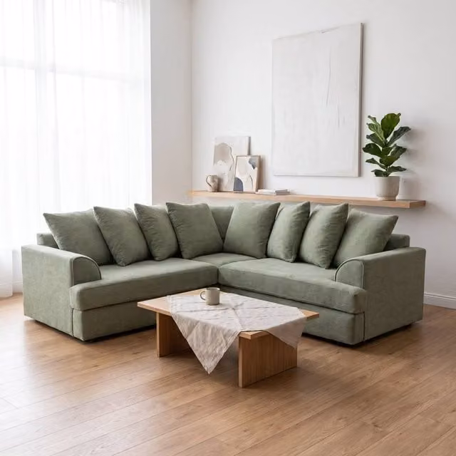Abakus Direct Ferguson Green Bouclé L-Shape Corner Sofa with Deep Seats and Scatter Cushions – 1