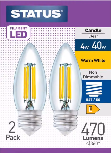 Status Pack of 2 Warm White Vintage Filament LED Candle Lightbulbs, E27 Edison Screw, Transparent Glass