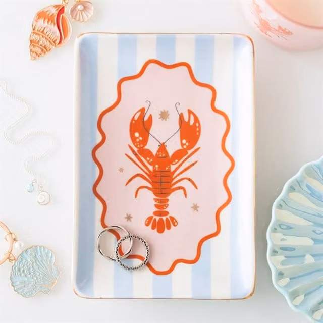 KDMK Ceramic Lobster Trinket Dish with Blue Stripes, Multicolour Red and Blue