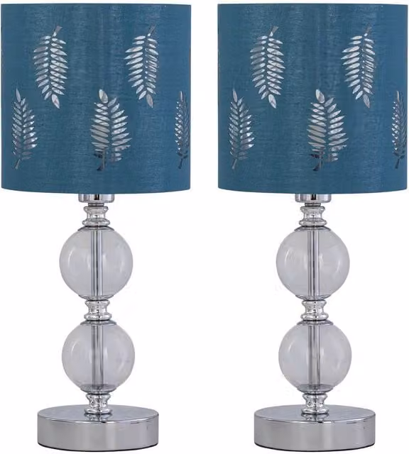 First Choice Lighting Set of 2 Chrome Two Ball Table Lamps with Teal Fabric Shades