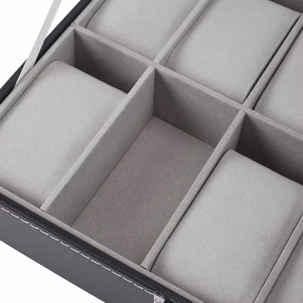 KORVIXA Lockable 10-Grid Watch Display Case in Black Faux Leather with Glass Lid – 4