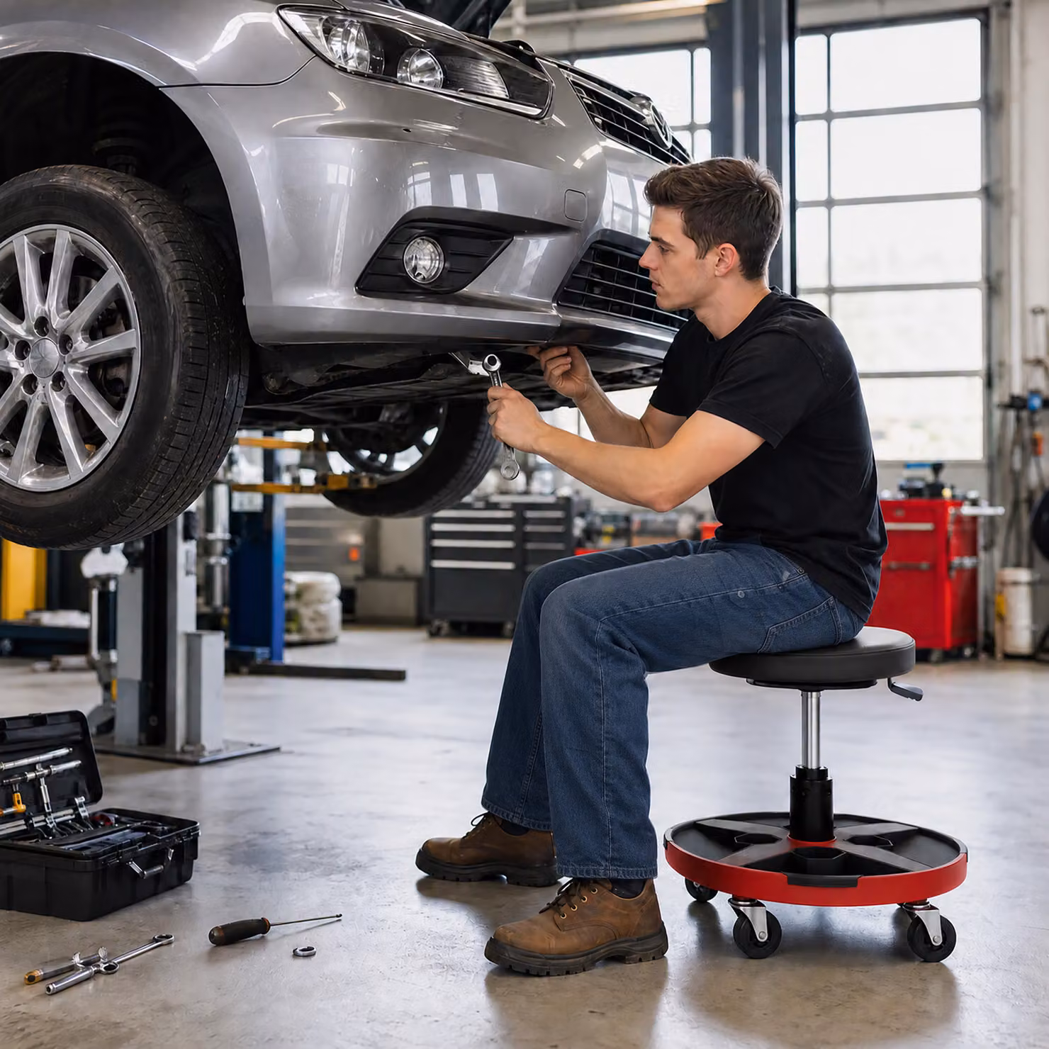 HOMCOM Rolling Mechanic Stool, Black, Height Adjustable 40-52 cm, 360 Degree Swivel Roller Padded Creeper Seat – 9
