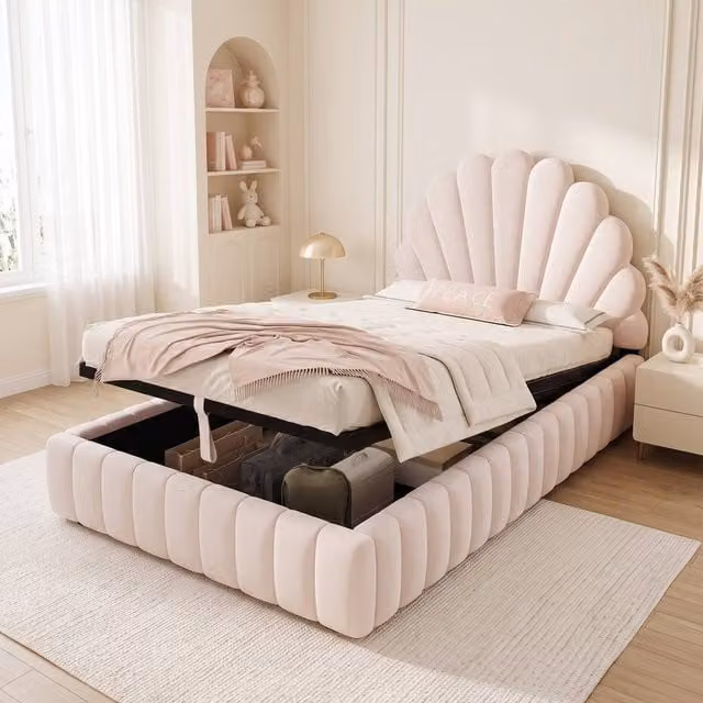 STILVORA Pink Velvet Upholstered Single Ottoman Bed with Shell Headboard, W/D/H: 100 x 201 x 95.5 cm