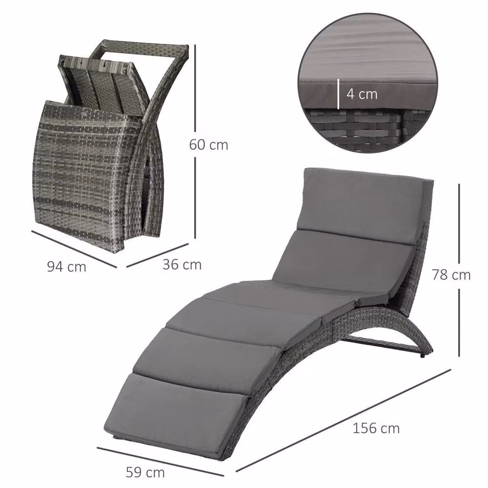 NESTLUNE Grey Polyrattan Foldable Garden Sun Lounger with Weatherproof Cushion – 2