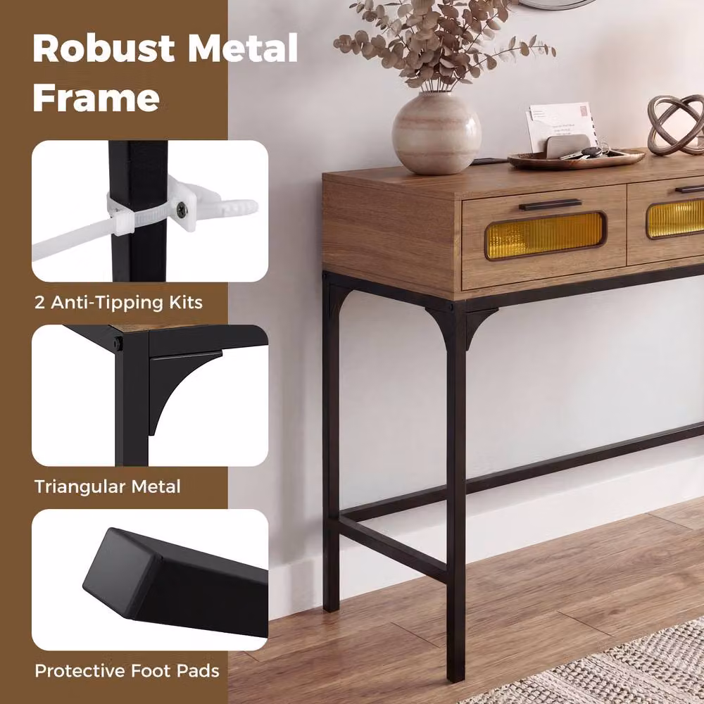 Gymax Khaki Console Table with LED Lights, Outlets and USB Ports, Width: 90 cm, Height: 75 cm – 5