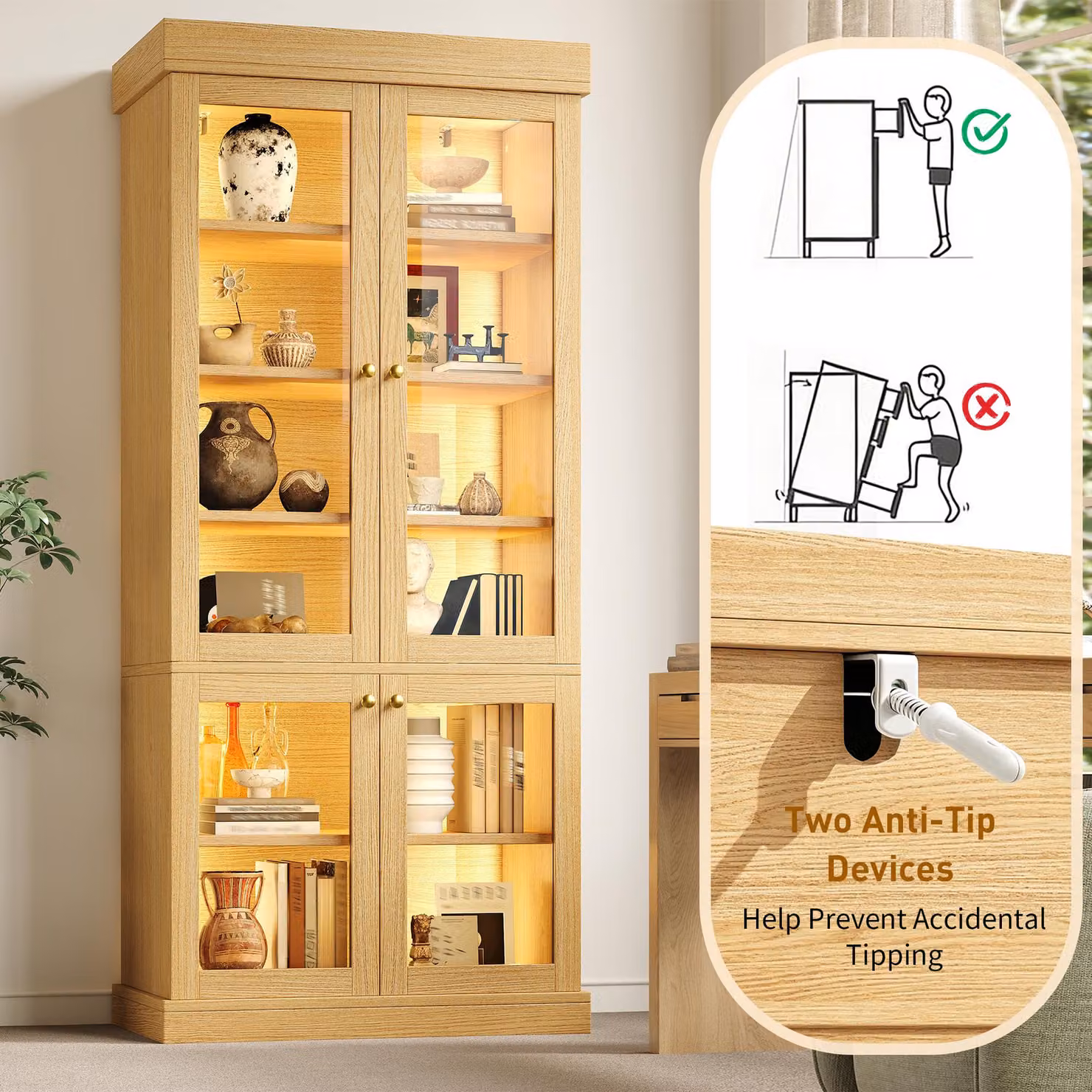 Aosom UK Industrial Modern Display Cabinet with Glass Doors, Integrated Lighting and Internal Shelves, Brown, W/D/H: 40 x 40 x 180 cm – 3