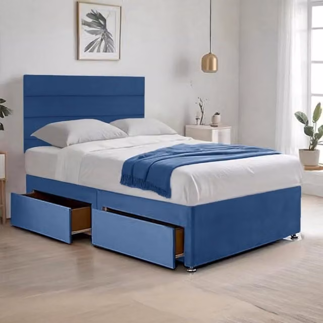 Bed Time UK Cosy Plush Blue Velvet Divan Bed with Hybrid Mattress, Drawers and 20 inch Headboard, W/D/H: 90 x 190 x 50.8 cm