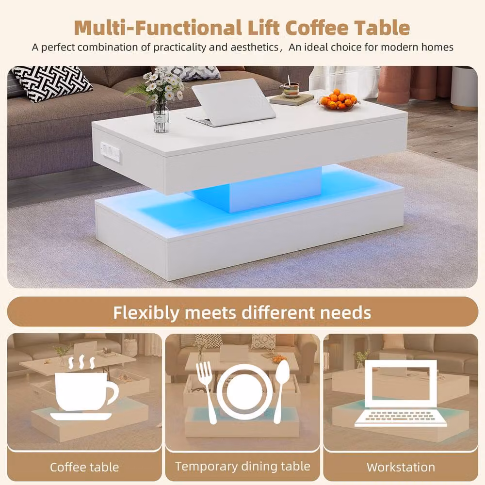 Rolipo Smart White LED Coffee Table with Lift Top and Hidden Storage – 3