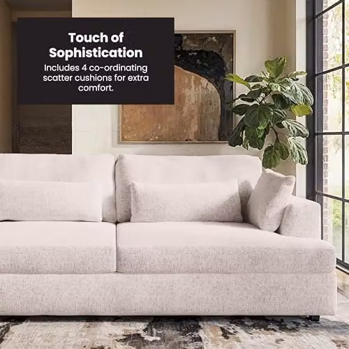 Solace+Co Drew 3 Seater Modern Chenille Lounge Sofa in Cream with Foam-Filled and Removable Cushion Covers – 4
