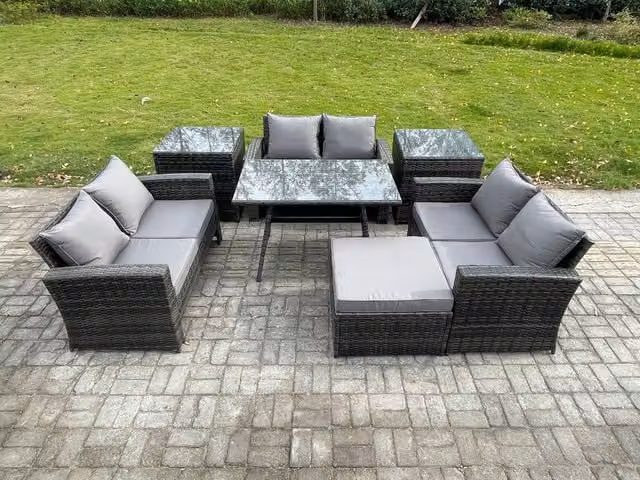 Fimous 7 Piece Outdoor Lounge Sofa Set with Rectangular Dining Table in Dark Grey PE Rattan