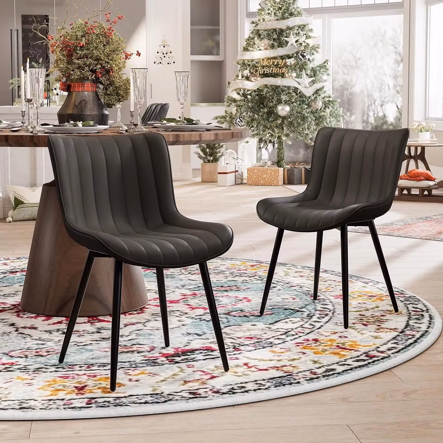 Xample Set of 2 Modern Padded Dining Chairs in Black Synthetic Leather with Metal Legs – 2