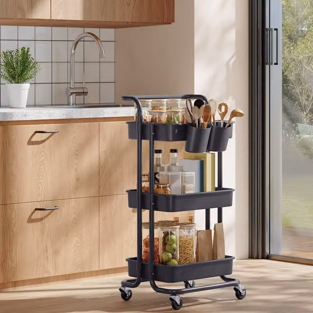 SONGMICS 3 Tier Mobile Storage Trolley with Plastic Baskets and Handle, Black