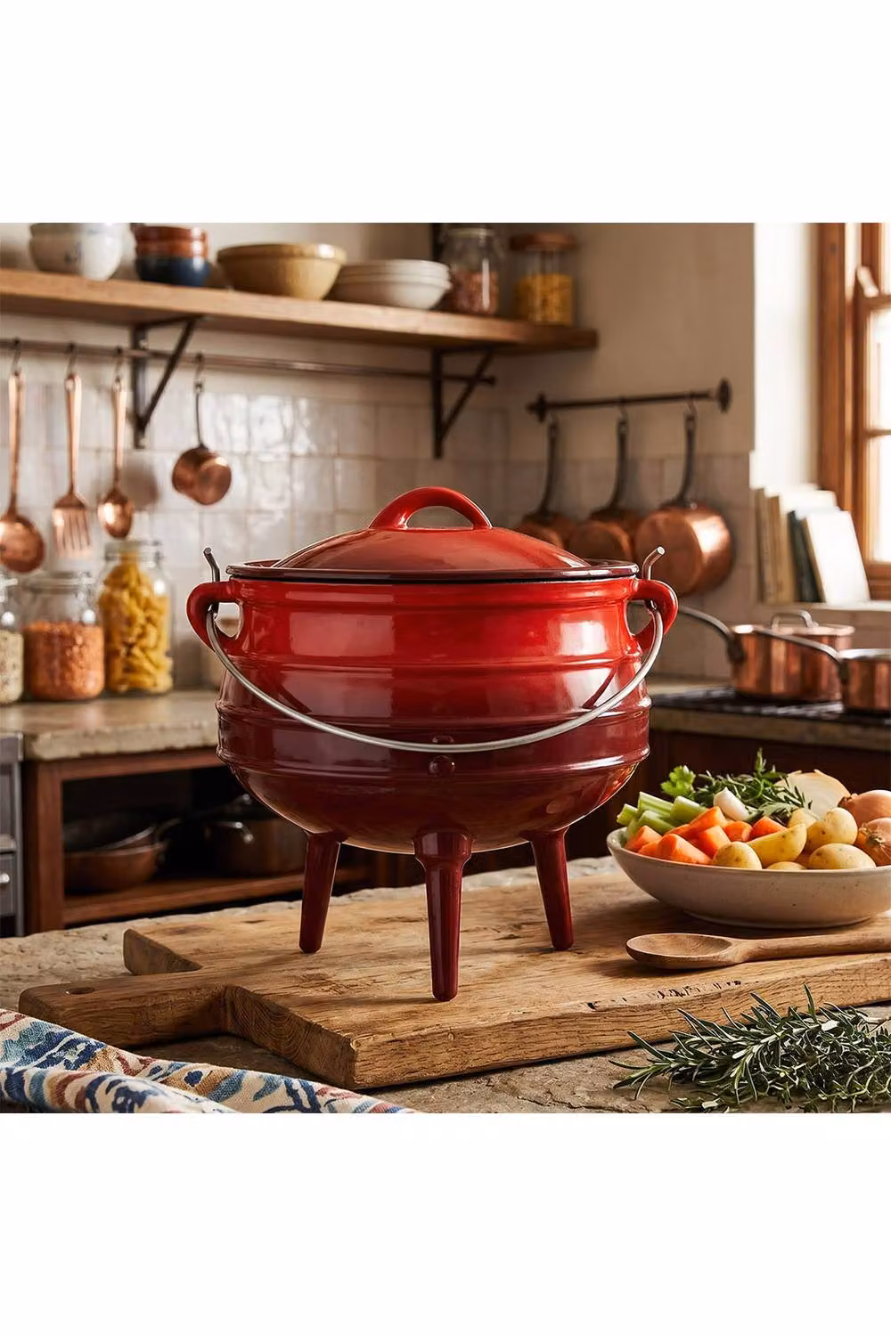 Living and Home Red Enamelled Cast Iron Potjie Pot Cauldron with Lid and 3 Legs, 8L – 4