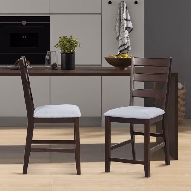 Costway 2-Piece Set of Brown Counter Height Bar Stools with Padded Fabric Seats and Rubberwood Legs – 1