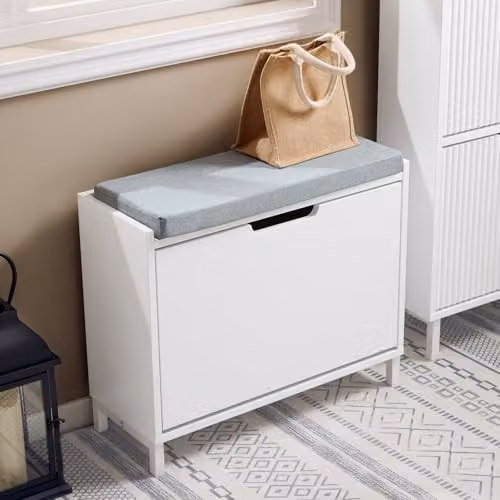 SoBuy Modern Shoe Storage Bench with Seat Cushion and Flip Drawer for Hallway or Living Room, W: 60 cm, D: 15 cm, H: 52 cm – 2