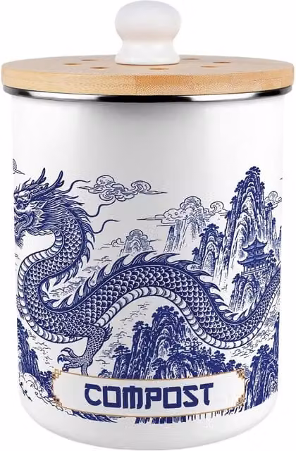 Purely Home Dragon Temple Metal Compost Caddy with Flip Lid, 2L, Blue and White