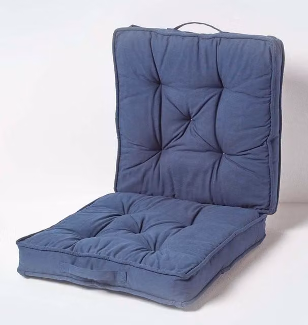 Homescapes Navy Blue Cotton Travel Booster Cushion, Firm Square Seat Pad and Backrest, W/D/H: 50 x 50 x 50 cm – 1