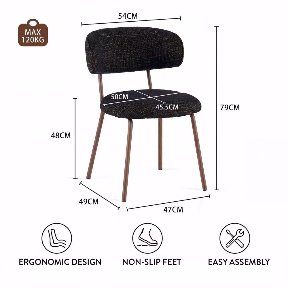 SONARA Set of 2 Mid-Century Dining Chairs with Armrests in Black Linen Fabric and Metal – 2