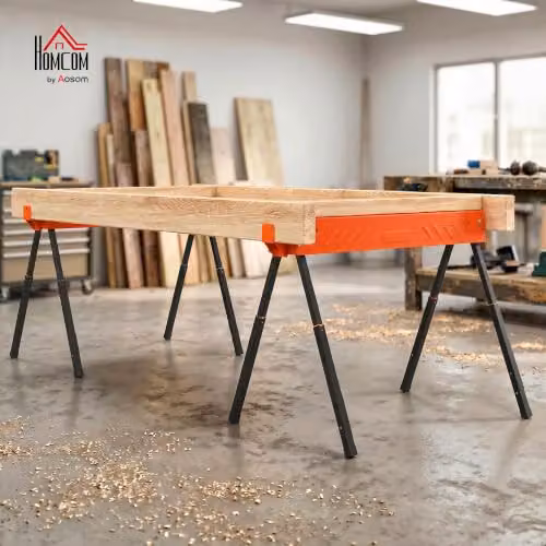 HOMCOM Twin Pack of Orange Metal Saw Horses with Height Adjustable Legs, 500 kg Capacity – 2