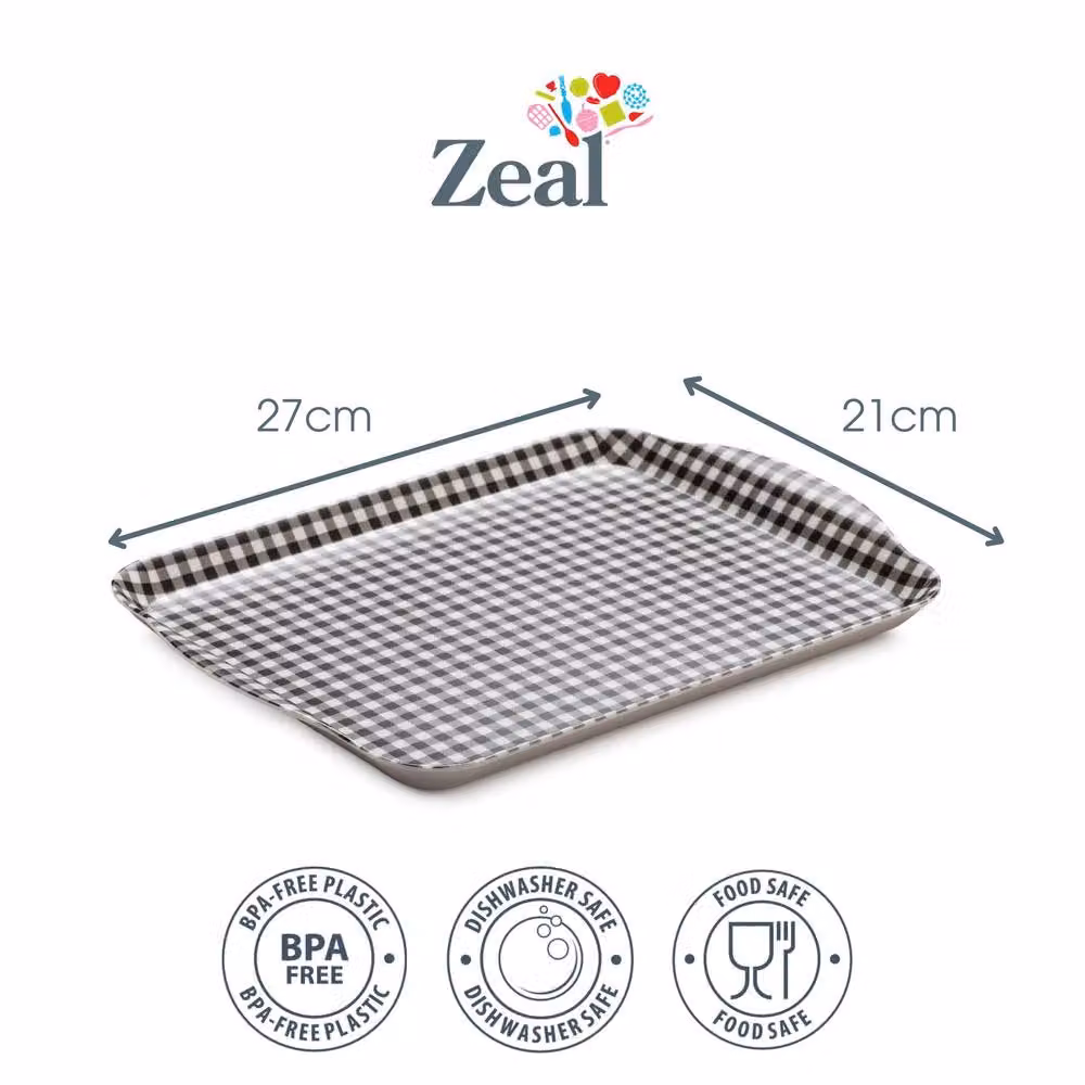 Zeal Premium Melamine Gingham Rectangular Tray with Handles, Grey, W: 27 cm, D: 21 cm – 2