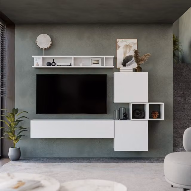 Decorotika Lisboa Modern Wall Mounted Entertainment Center in High Gloss White and Walnut