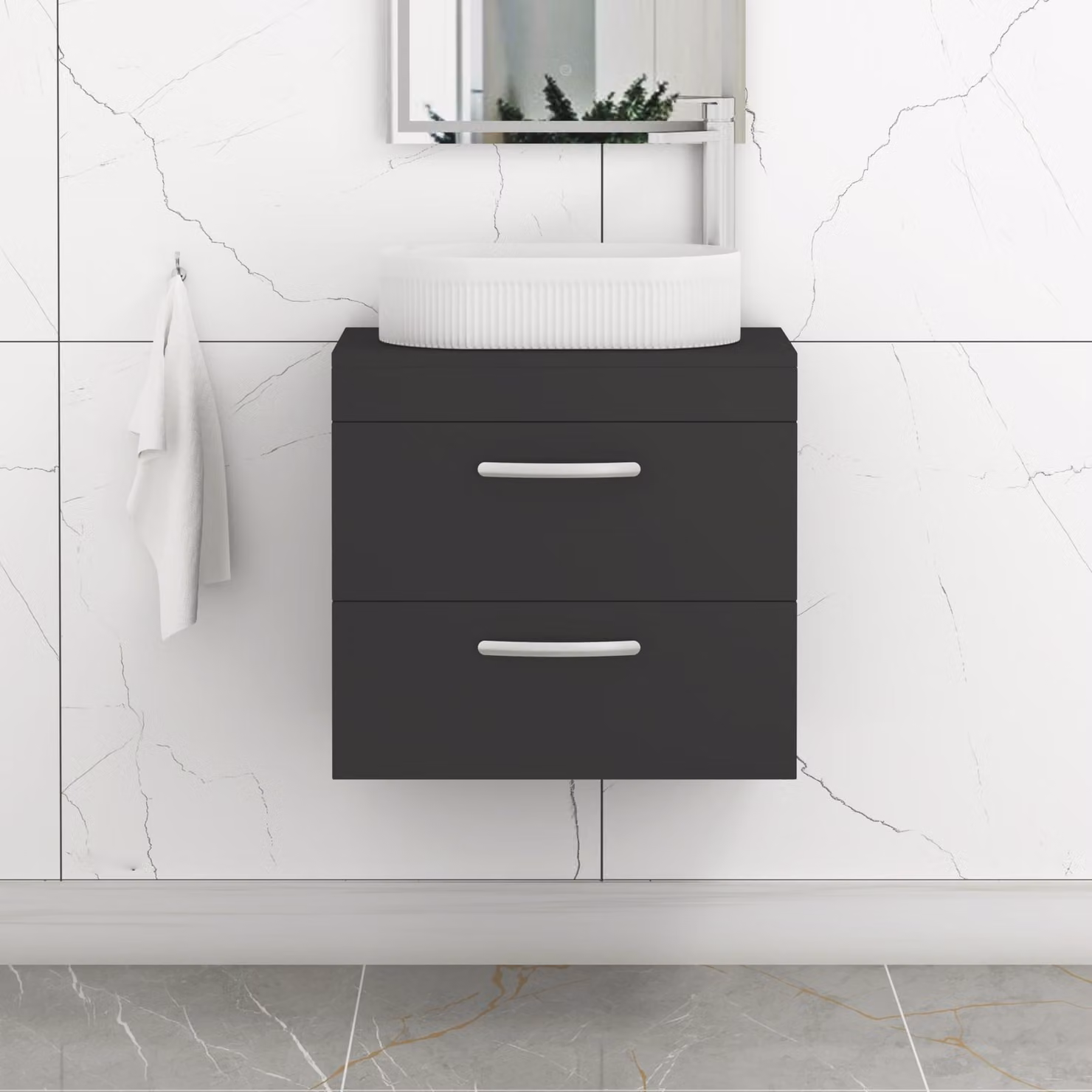 Royal Bathrooms Turin 500mm Wall Hung Vanity Unit with 2 Drawers and Lyon Countertop Basin in Matt Black