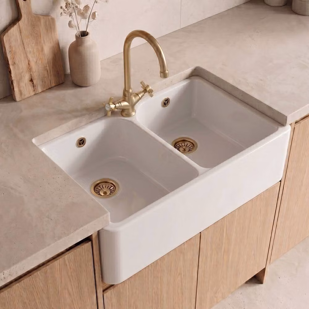 Balterley White Ceramic Double Bowl Butler Sink with Mono Crosshead Mixer Tap and Wastes in Brushed Brass, W: 79.5 cm – 2